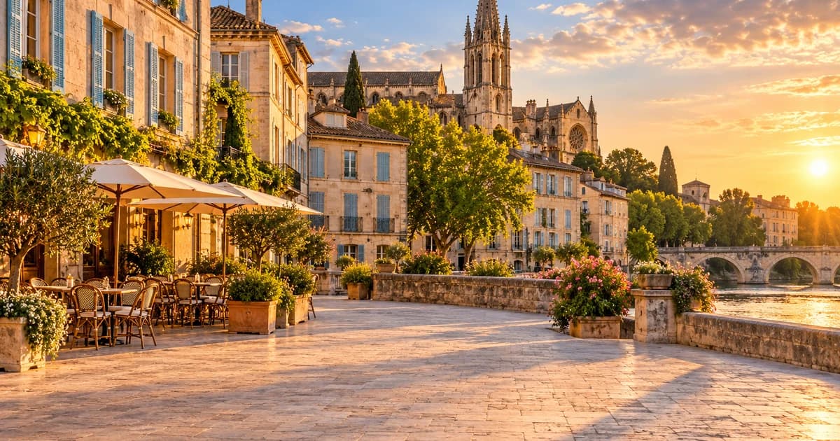 Illustration of a sunlit old-town square in a provincial French city