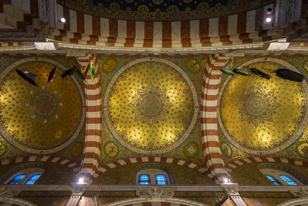 Romanesque-byzantine domes and their gilded mosaics — Notre-Dame de la Garde, Marseille
