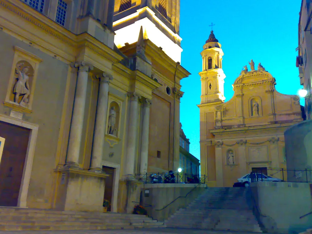 Venue view: Basilica Saint-Michel and the Chapelle des Pénitents Blancs in Menton, France. Resized and converted to WebP.
