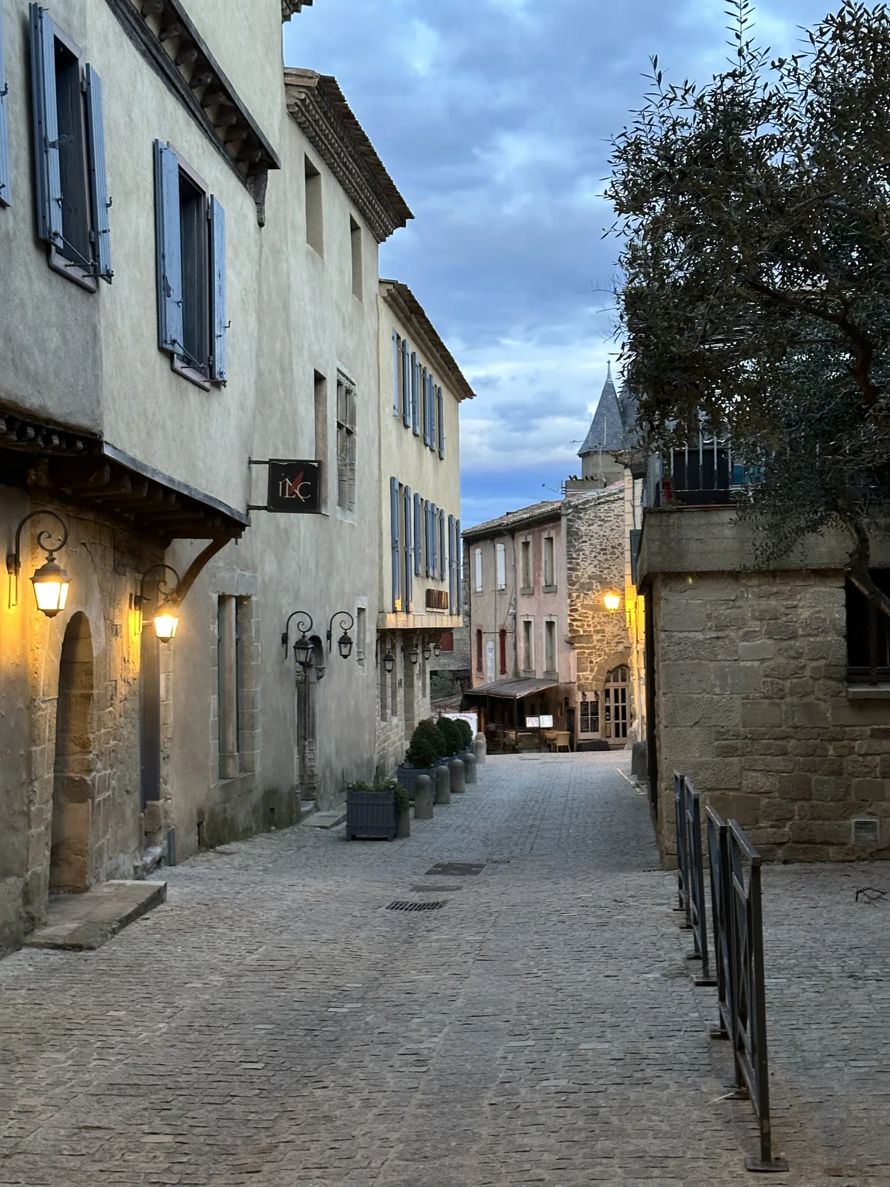 Street in the old town Carcassonne during the dawn, Occitania, France, February