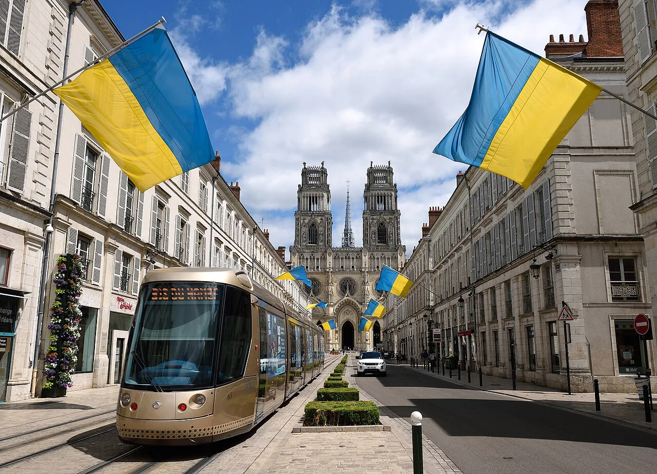 Line B tram under Ukraine flags in Orléans France on Ascension Day