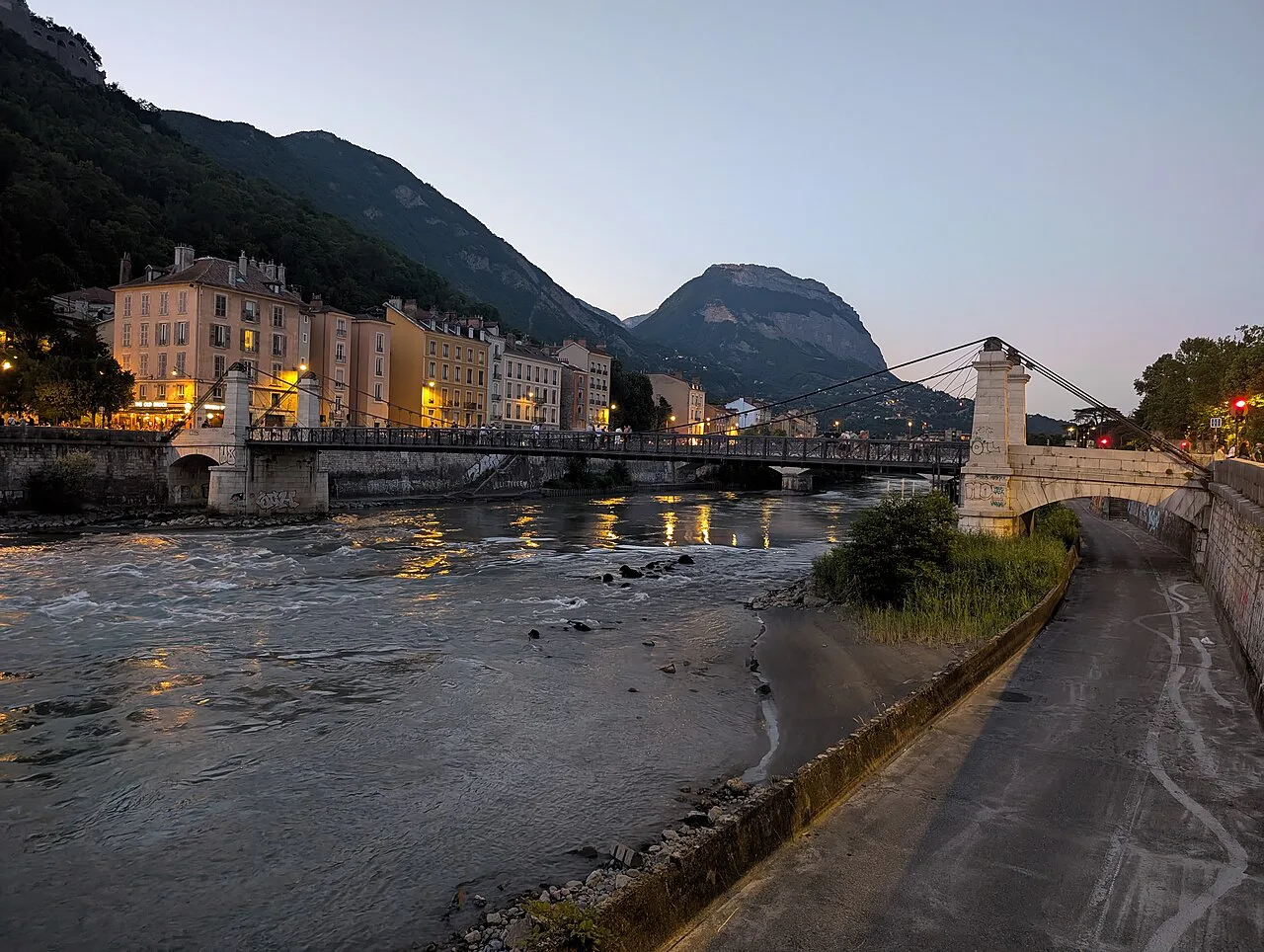 Isère riverside in Grenoble in the evening