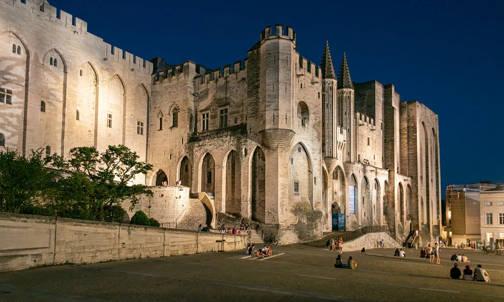 Venue view: the Palais des Papes in Avignon at dusk, Provence, France. Resized and converted to WebP.