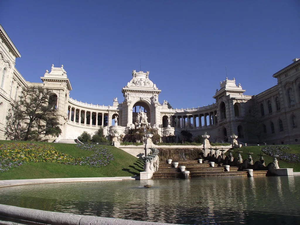 Venue view: the Palais Longchamp water tower and colonnades in Marseille. Resized and converted to WebP.