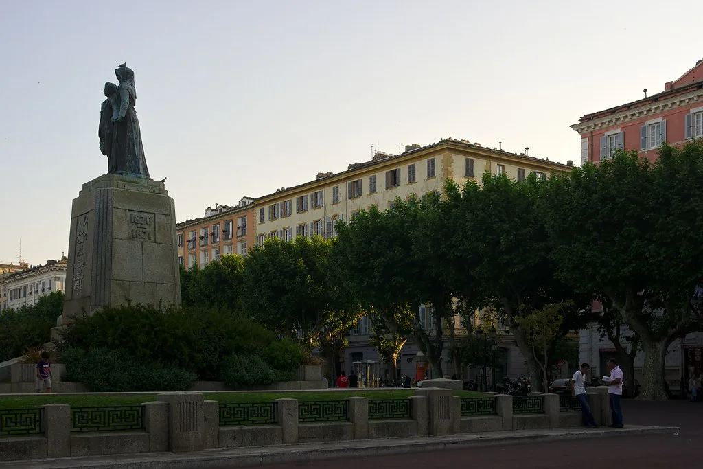 Venue view: Place Saint-Nicolas, Bastia, at sunset. Resized and converted to WebP.